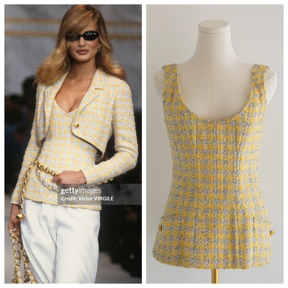 Chanel Vintage S/S 1993 Yellow Gray Tweed 93P Corset Top